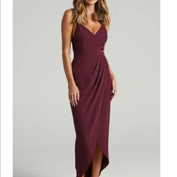 burgundy dress showpo Corey Burgundy Beaded Crepe Maxi Dress - US 0